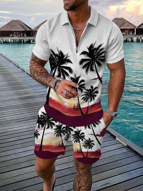 ชายหาดฤดูร้อนใหม่องค์ประกอบ3D พิมพ์ผู้ชาย Sweatsuit ชุดลำลองซิปเสื้อโปโลและกางเกงขาสั้น2Pcs ชุดแฟชั่นผู้ชายเสื้อผ้า