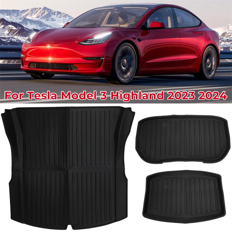 แผ่นรองท้ายรถสำหรับ Tesla Model 3 + TPE เปียโน Model3ใหม่สไตล์ Highland 2023 2024กล่องเก็บของด้านหน้าหลังกระโปรงหลัง