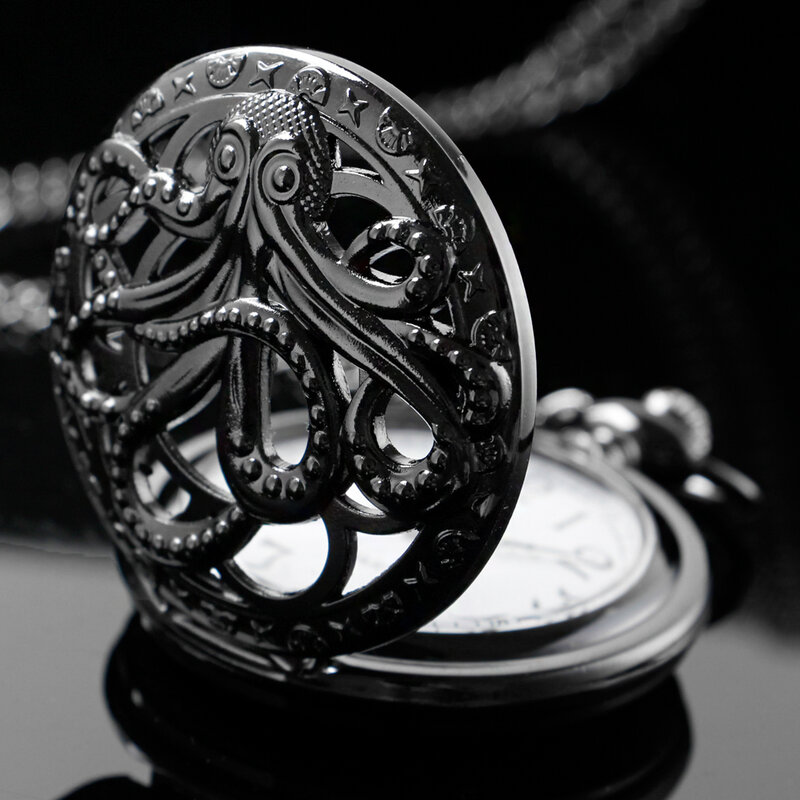 Винтажные кварцевые карманные часы в стиле темного монстра, осьминога, черные часы в стиле стимпанк на цепочке, подвесное ожерелье, мужской подарок для детей