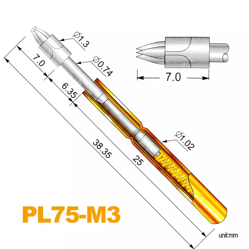 100 buah/pak PL75-M3 Pin uji pegas ujung tiga panjang 1.02mm panjang 38.35mm perlengkapan perlengkapan Pin atas musim semi TIK