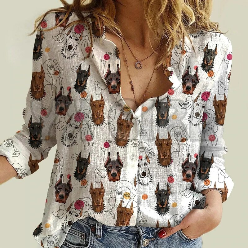 YX GIRL Lady And Doberman Pinscher-Camisa de manga larga para mujer, Camisa estampada en 3D con botones, ropa informal de calle única
