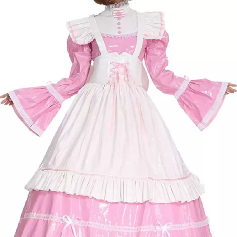Hot Sale Cute Dress New PVC Lockable Sissy Girl Maid Pink Long Apron Big Bow Tie Bandage Cosplay Customizable Halloween Costume