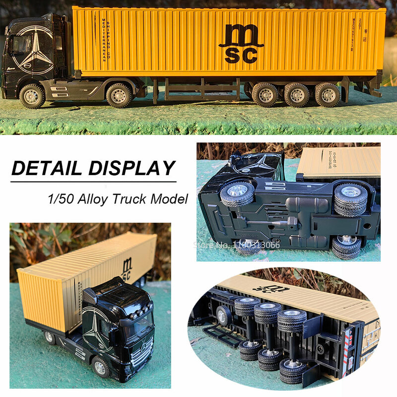 Grande Diecast Alloy Container Truck, 1:50 Container, Puxe para trás, Som e Luz, Modelo de veículo de transporte