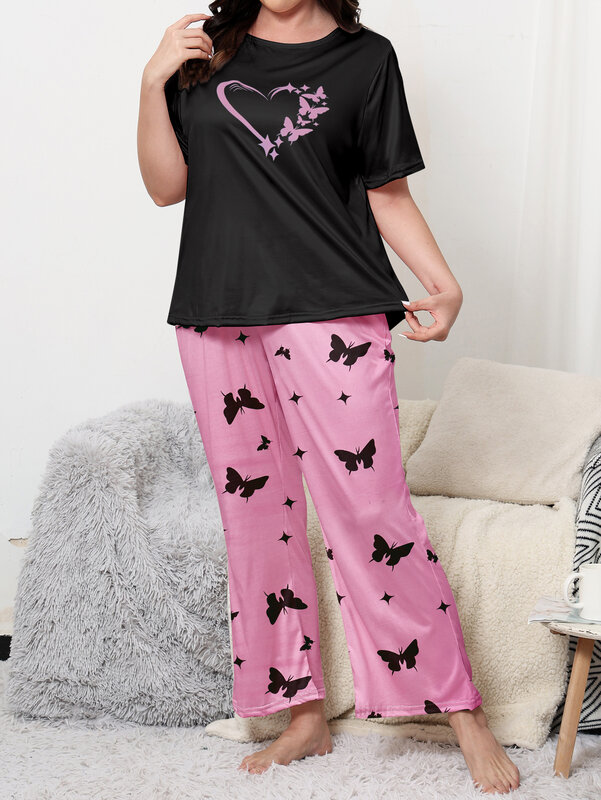 Komplet piżamy w dużych rozmiarach, uwielbiają spodnie w kształcie motyla z krótkim rękawem, odpowiedni zarówno do noszenia w domu i na co dzieńKomplet spodni z krótkim rękawem, plus