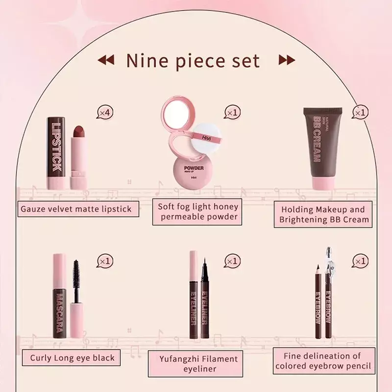 HiVi 9PCS/Set Lipstick Powder Mascara Eyebrow Pencil BB Cream Set Makeup Kit