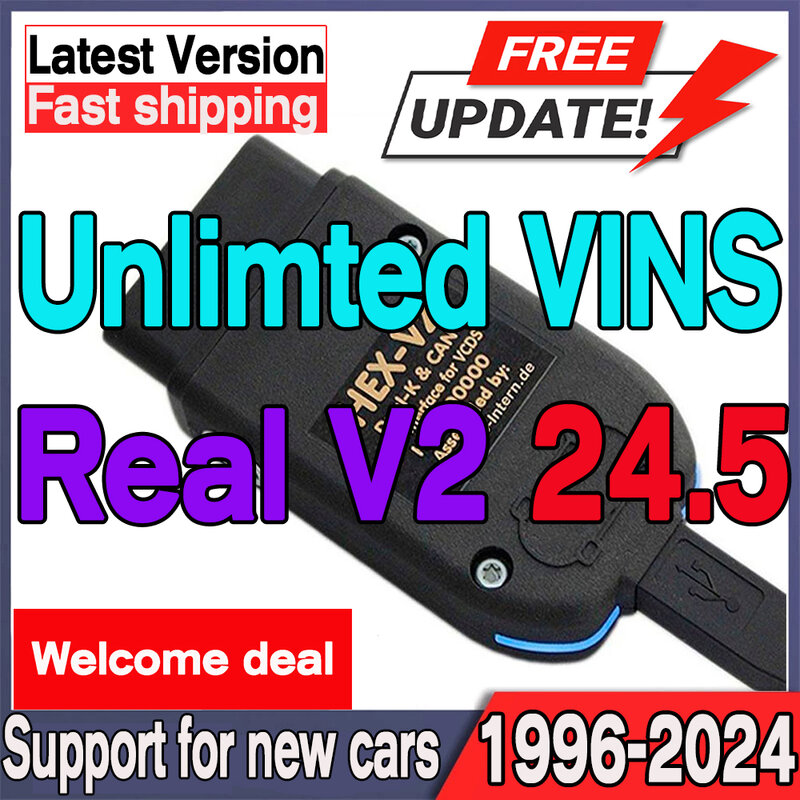 Herramienta de diagnóstico de coche, accesorio Real V2 VCDS OEM 1:1 VagCom VAG COM 24,5 HEX-V2 para VW AUDi, 1996-2024 OBDII, funciones completas