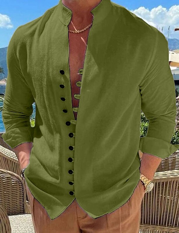 Мужская рубашка из хлопка и льна, с длинным рукавом и воротником-стойкой