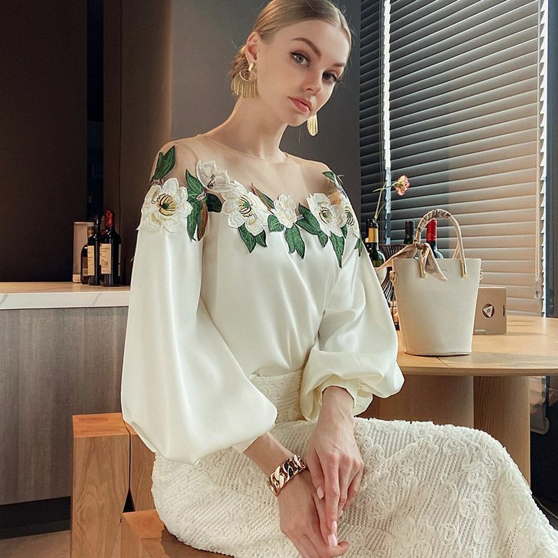 Женская блузка с длинным рукавом, Повседневная белая блузка с вышивкой из сетчатой ткани, лето-осень 2023