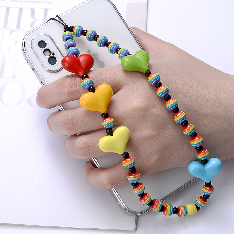 Moda 8 cores acrílico coração-em forma de contas redondas anti-perdido celular cadeias de telefone celular acrílico corrente cordão feminino jóias