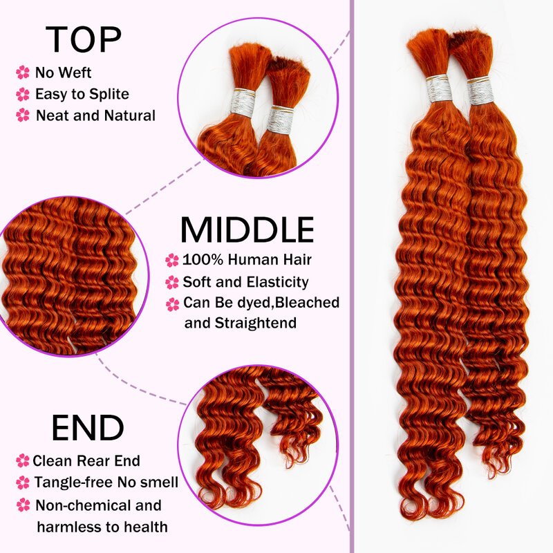 28Inch Ginger Orange Human Hair Bulk Braiding Extensions No Weft 100% Virgin Deep Wave Hair Bundle Braiding Hair for Boho Braids