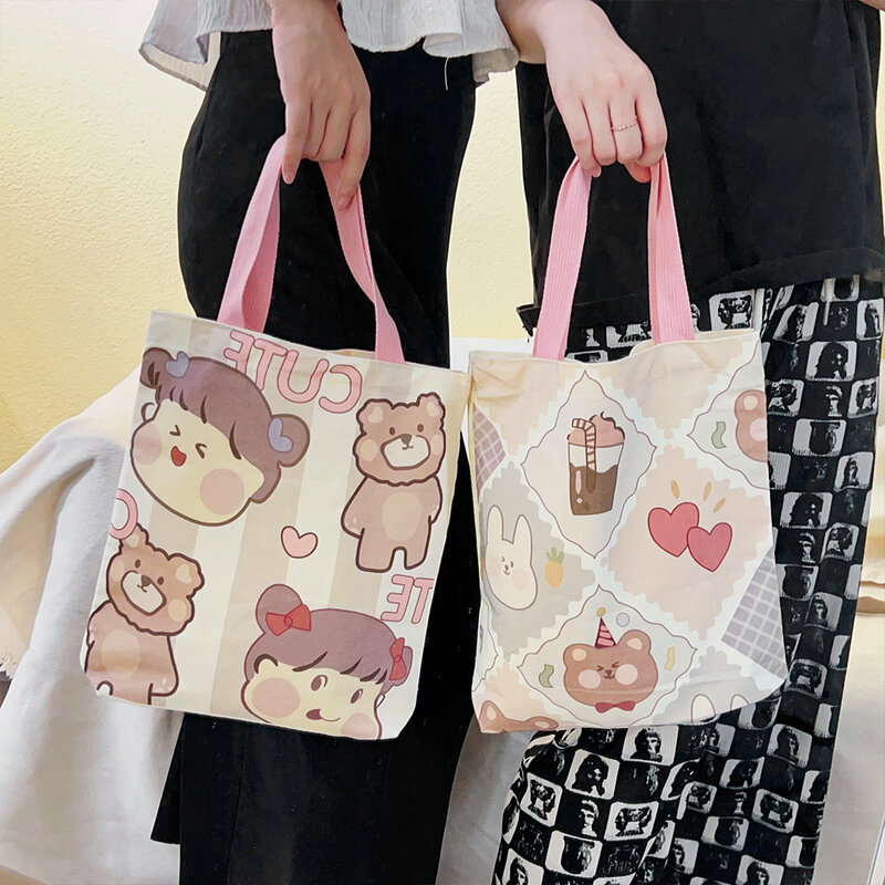 Japanese New Fashion Canvas Tote Bags for Women Casual Shopper Designer Handbag Japanese Style Cartoon Small Shoulder Bags
