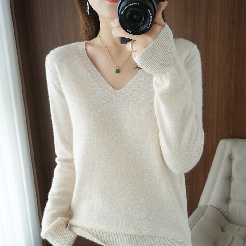 YSZWDBLX Sweaters Women Casual V-neck Solid Jumpers Pullovers Spring Autumn Womens Sweater Winter Warm Knitwear Bottoming Shirt