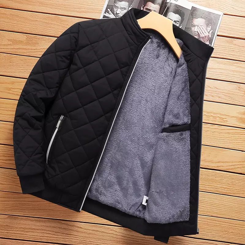 2024 marka nowy szczupły dopasowany płaszcz jesienno-zimowa kurtka Bomber męska wzór diamentowy podszyty polarem casualowa kurtka modna odzież męska