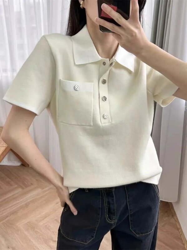 Women Color Contrast Sweater Front Buttons Turn-down Collar Short Sleeve Casual Summer 2024 Knitted Pullover