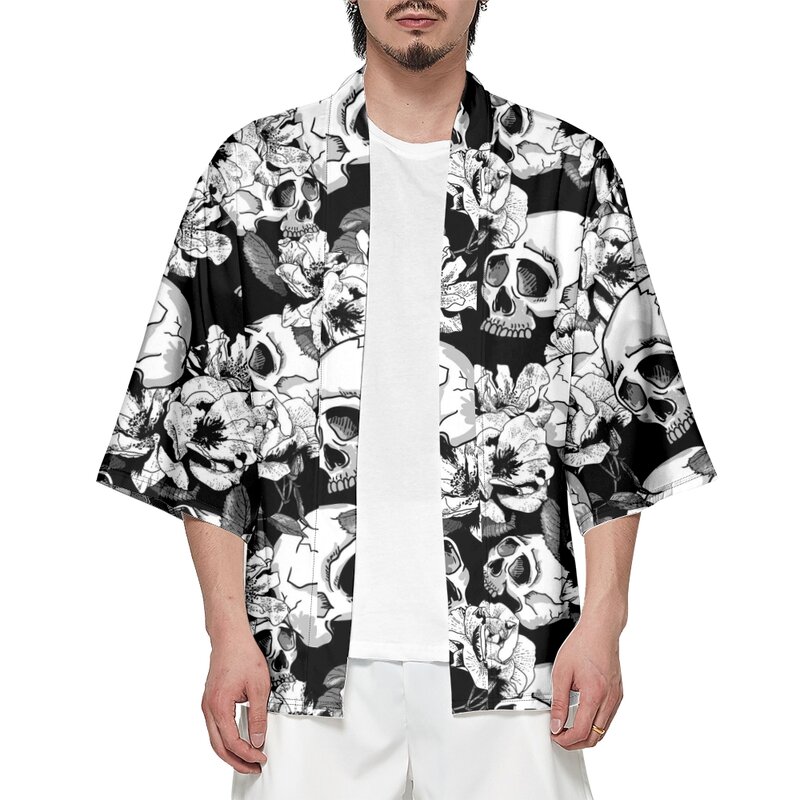 Kimono tradicional japonés para hombre y mujer, cárdigan con patrón de esqueleto, camisa de playa Cosplay, albornoces de verano, 2023