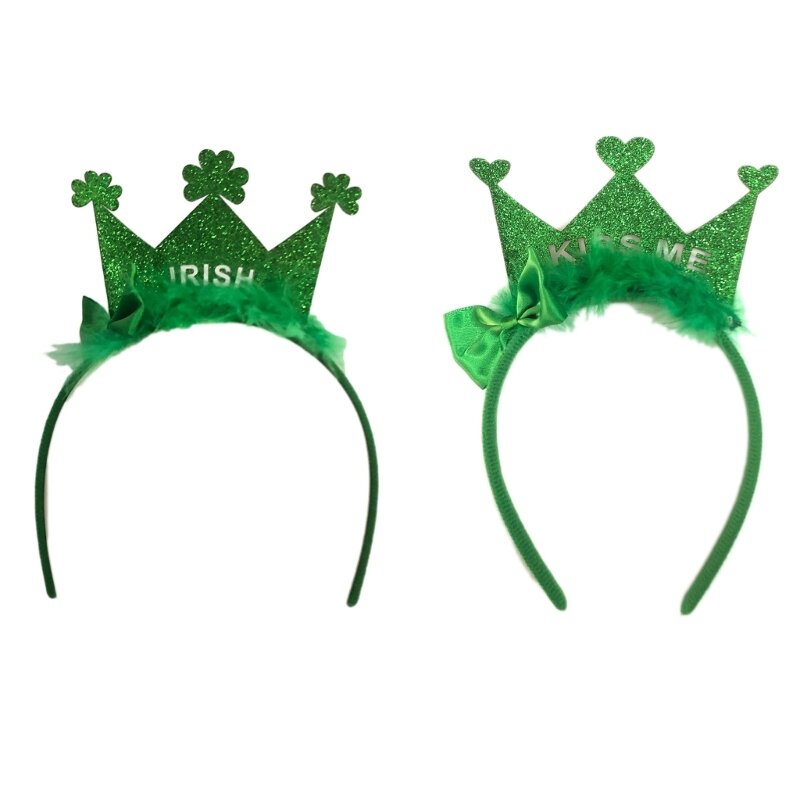 Y166 обруч для волос с зеленой короной и блестками, повязка на голову с трилистником, аксессуары для волос на день Святого