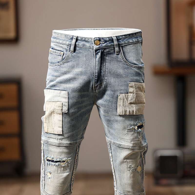 Jeans Retro Nostálgico dos homens, Costura Patchwork, Rua Slim Fit, Magro, Bordado Ruan, Bonito Calças De Personalidade