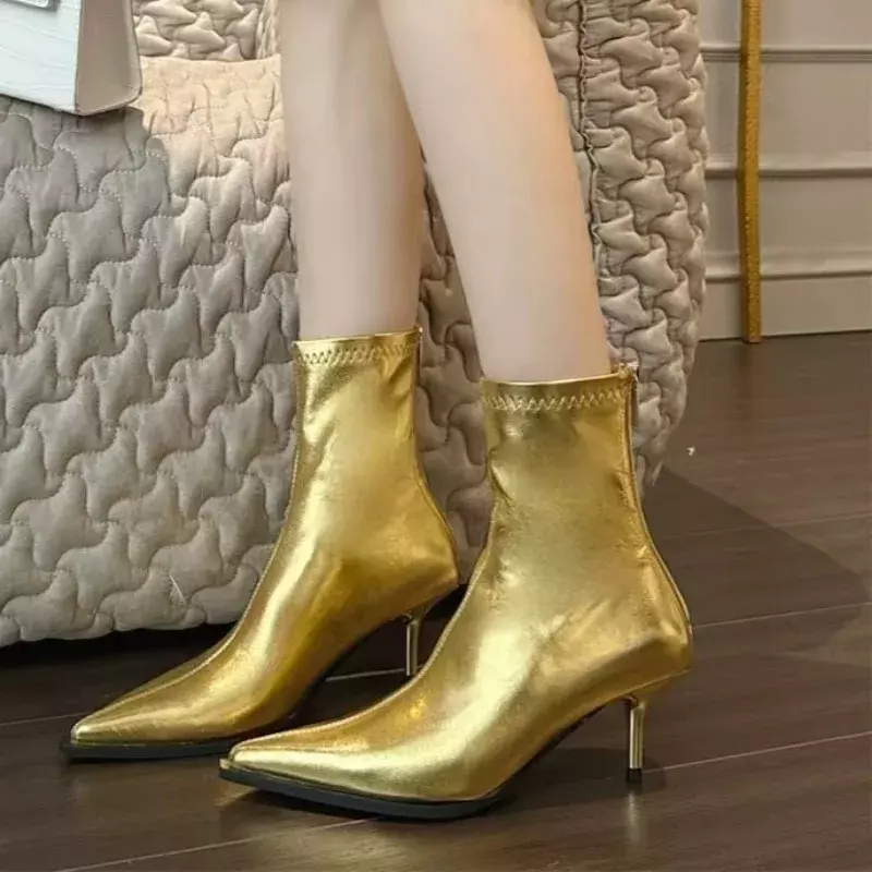 Botas de couro de prata dourada para mulheres, saltos baixos Zip, botas curtas macias confortáveis, sapatos de grife de moda, primavera, outono