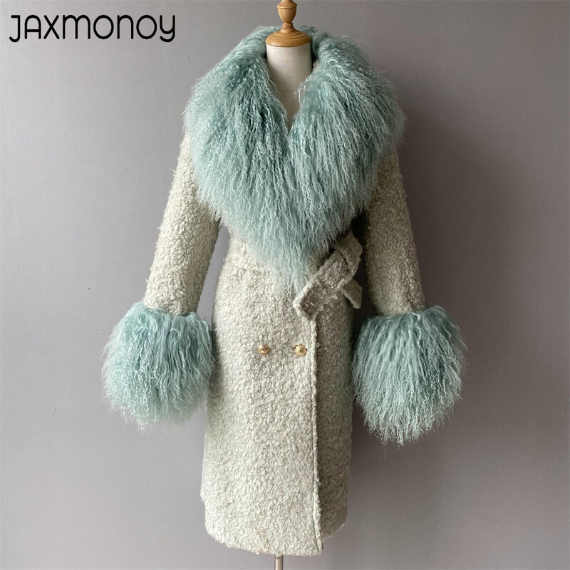 Jaxmonoy-Manteau Long en Laine avec Vraie Fourrure Mongole pour Femme, Everthiong, Vêtement Chaud et Élégant, Nouvelle Collection Hiver 2024
