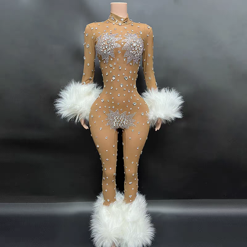 Luxury Sexy Shining Rhinestones  Feathers Long Sleeve Bodycon Jumpsuit Evening Dress Singer Stage elasticity Show Dresses Costum