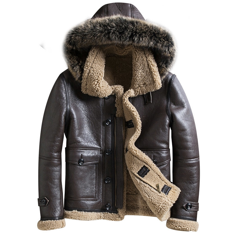Jaket kulit pria, jaket kulit asli Haining trendi dengan tudung pendek terintegrasi bulu untuk musim dingin 2024