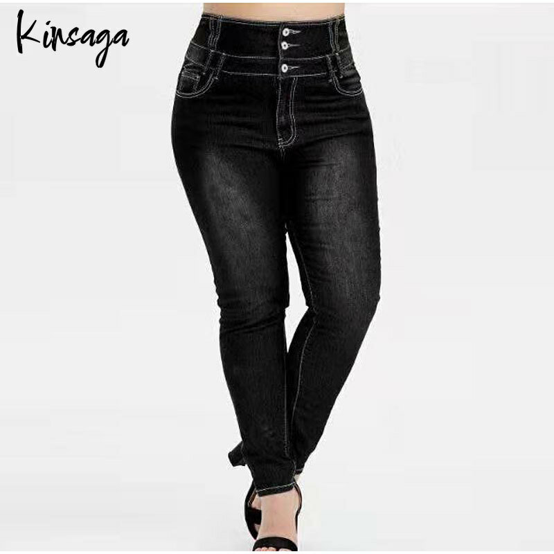 Plus Size Knop Up Black Bodycon Lange Potlood Jeans 4XL 5XL Vrouwen Lente Hoge Taille Stretch Skinny Denim Broek Casual broek