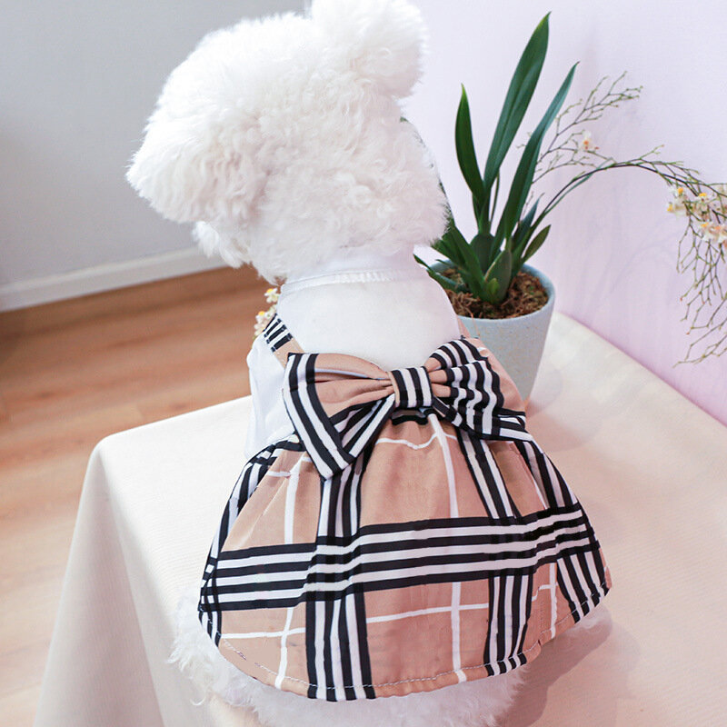 Bowknot الكلب قميص مع شريط تنورة موضة عادية الحيوانات الأليفة الصيف الربيع ملابس مريحة أسود أبيض القط فستان الزي الملابس