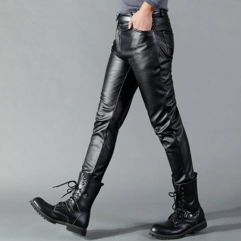 Thoshine-Skinny Fit calças elásticas de couro PU para homens, motocicleta e motociclista, streetwear fino, marca de moda