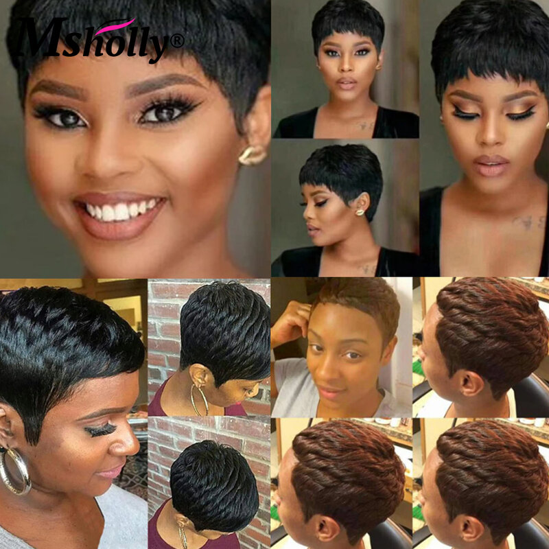 Pelucas de cabello humano brasileño para mujeres negras, pelo corto ondulado en capas, corte Pixie, color negro Natural