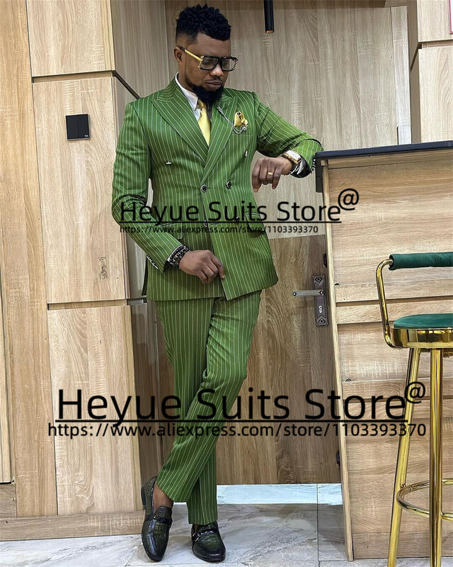 Double-breasted Green Suits For Men Slim Fit Peak Lapel Groom Wedding Tuxedos 2 Pieces Sets Business Male Blazer Costume Homme