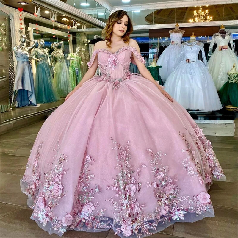 Gaun pesta berkilau lengan panjang elegan gaun Quinceanera bahu terbuka menawan gaun 2024 klasik 3D bunga Applique manis 16 gaun