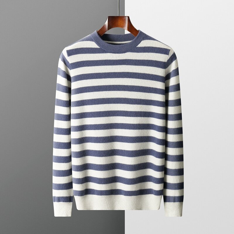 autumn and winter New 100% merino wool cashmere sweater men's O-neck pullover knitted striped contrast fashion loose top coat