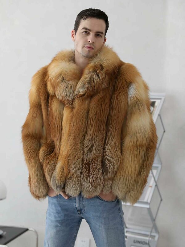 Janefur-Casaco curto de inverno quente luxuoso masculino, casaco de pele bomber, pele de raposa vermelha real, nova moda, 2022