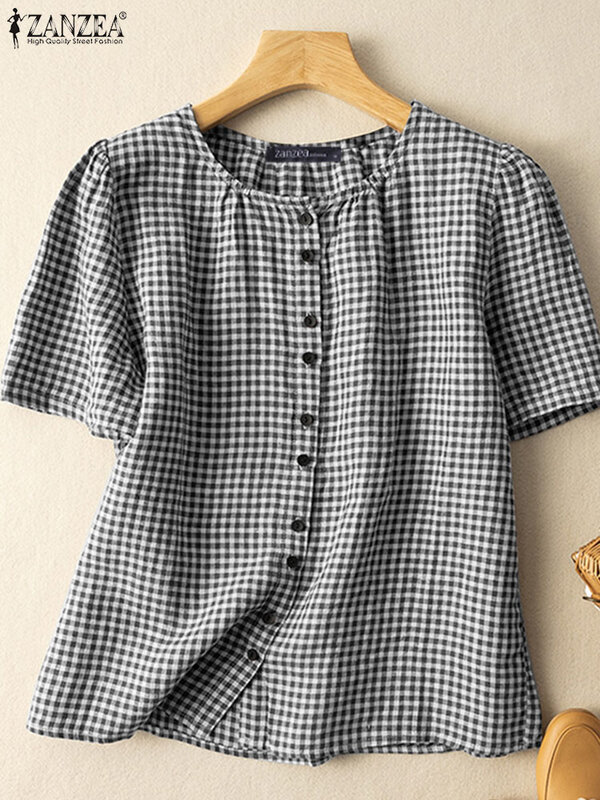ZANZEA-Blusa de botões xadrez de manga curta feminina, camisa estampada em grade, tops casuais de túnica, grande, moda verão, 2023