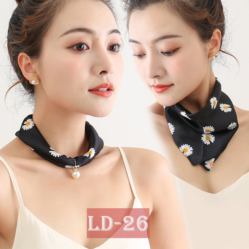 New Design Silk Feeling Scarf Necklace with Pearl Neck Tie Female Hand Bag Wirst Foulard Print Luxury Magnet Scarves Echarpe
