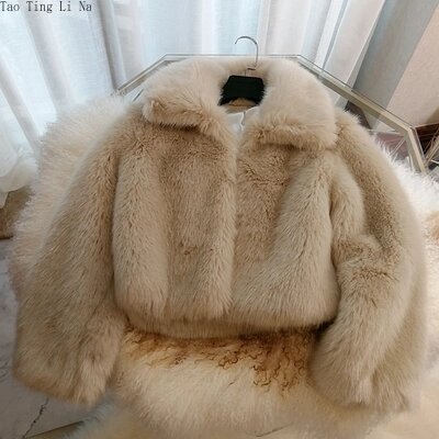 Tao Ting Li Na damskie zimowe nowe małe morelowe klapy krótki luźny, gruby ciepły płaszcz ze sztucznego futra S16