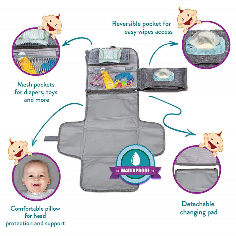Almofada em mudança portátil para bebê recém-nascido, almofada em mudança com bolso Smart Wipes, tamanho médio M