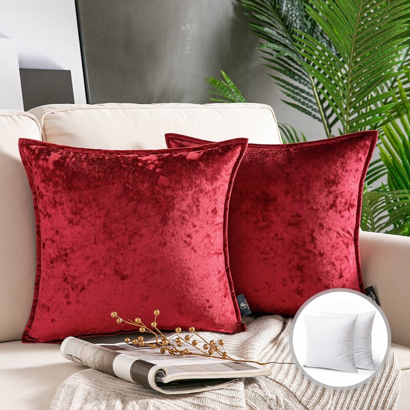 Phantoscope Shiny Crushed Velvet with Trim Series Decorative Throw Pillow, 22" x 22", Red, 2 Pack