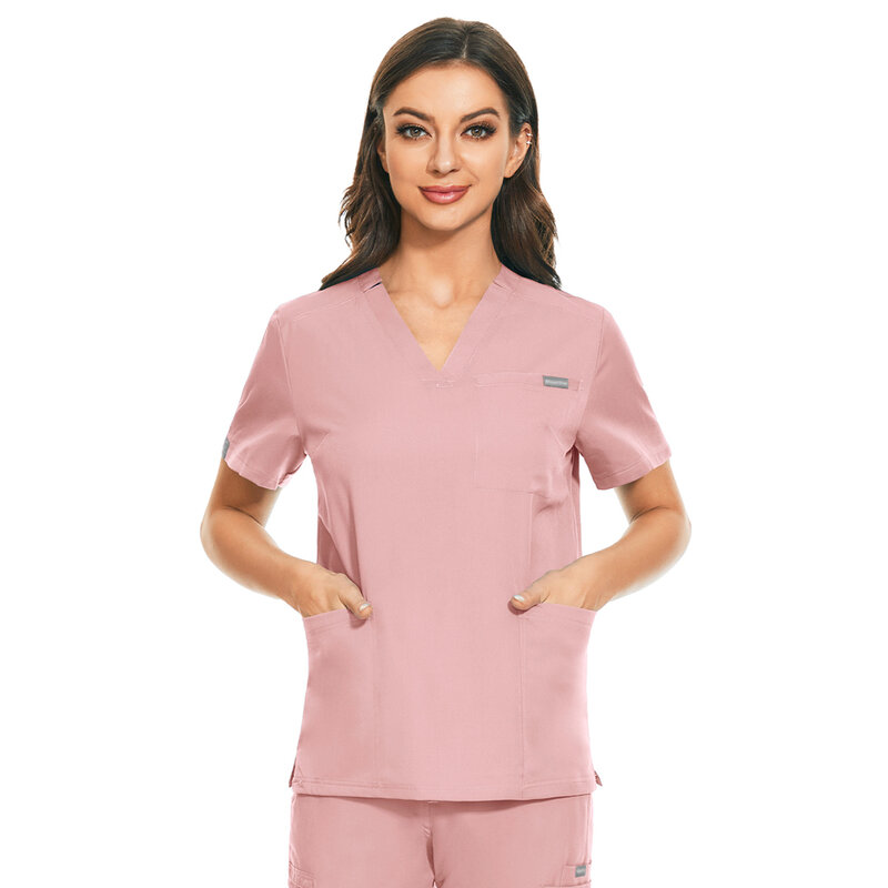 Kemeja Scrub Saku Leher V Solid 8 Warna Seragam Rumah Sakit Blus Gosok Pria Wanita Pakaian Bedah Aksesori Medis Populer Jogging