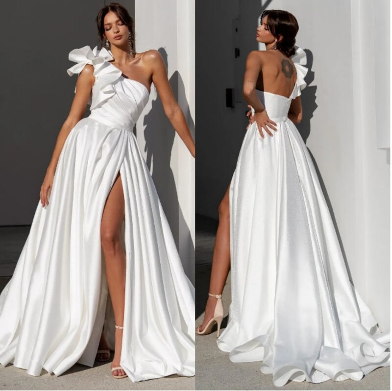 Gaun pernikahan A-Line seksi 2024 gaun pernikahan untuk pengantin Ruffle satu bahu gaun pernikahan Satin Slit Backless desain vestidos de novia