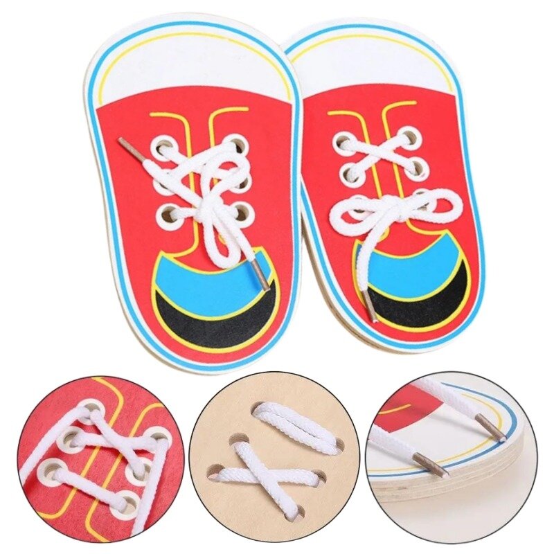 Sapato de madeira plana corda prática brinquedo para crianças, amarrando cadarços, Montessori Puzzle, brinquedos educativos de aprendizagem, 1pc