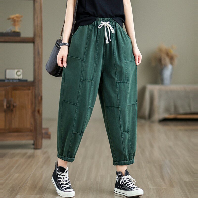 Women Casual Harem Pants New Arrival 2024 Spring Vintage Style Solid Color Basics Loose Female Ankle-length Cotton Pants B3742