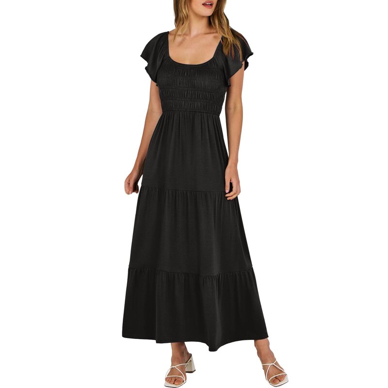 Knee Length Dresses for Women Women Summer Casual Flutter Short Sleeve V Neck Smocked Elastic Waist Tiered A Line Maxi Dress