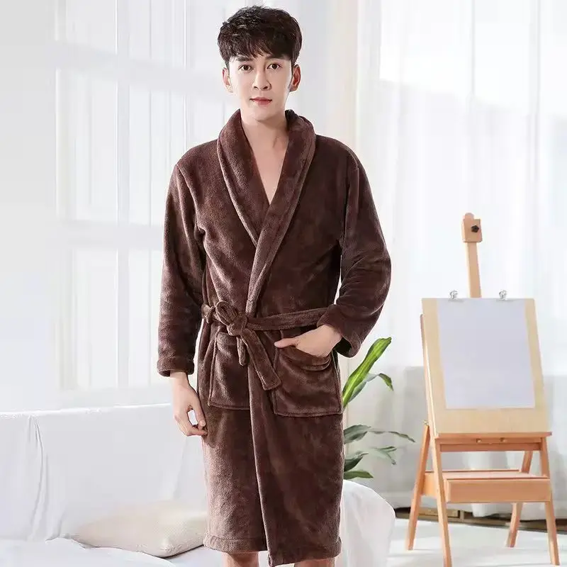 Kimono de franela suave para mujer, bata de baño, camisón de lana de Coral grueso, ropa de dormir cálida para el hogar, ropa de invierno