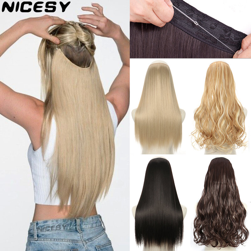 Geen Clips Natuurlijke Haarverlenging Synthatic Kunstmatige Lange Rechte Haarstukje Blond Zwart Gemengde Kleur Valse Haar Stuk Voor Vrouwen