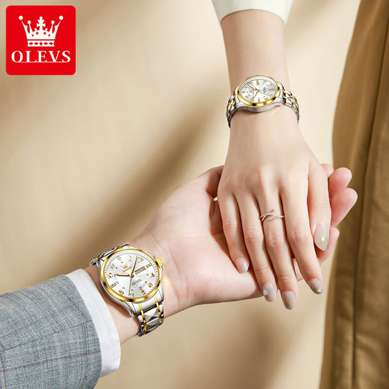OLEVS jam tangan pasangan klasik, merek asli mewah kuarsa tahan air Stainless Steel jam berlian nomor telepon