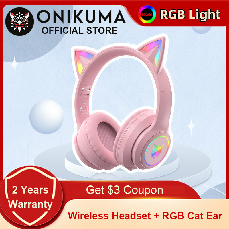 ONIKUMA B90 Headphone Yang Kompatibel dengan Bluetooth dengan RGB Headset Earphone Nirkabel Dapat Dilipat Telinga Kucing Lucu untuk Gamer PC Gaming