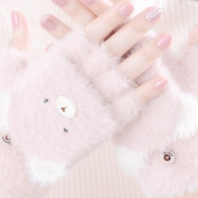 Luvas de urso sem dedos para meninas, lindas luvas flip, prova fria, 4 cores, meio dedo, quente, inverno, 1 par