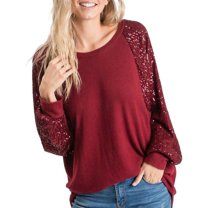 Luźna pulowerowe topy cekinowa patchworkowa raglanowa bluzka luźny krój pulowerowe topy dla kobiet na wiosnę jesień moda damska z okrągłym dekoltem