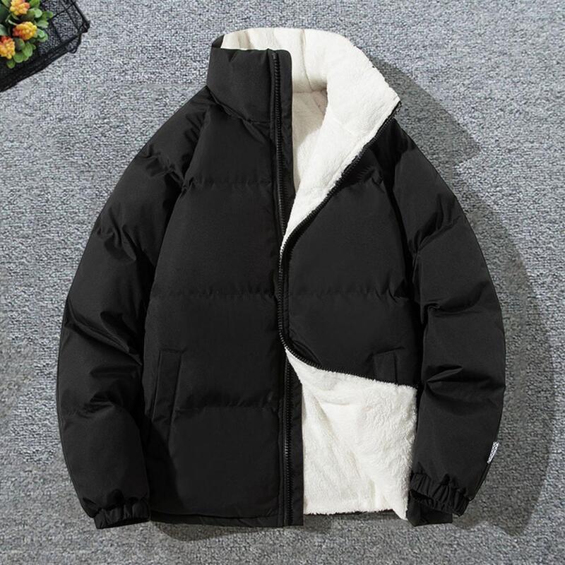 Zipper Closure Coat Casual Coat Winter Cotton Coat with Stand Collar Thickened Neck Protection Zipper Closure Men's Long